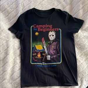 Black Graphic T-Shirt with Camping Design